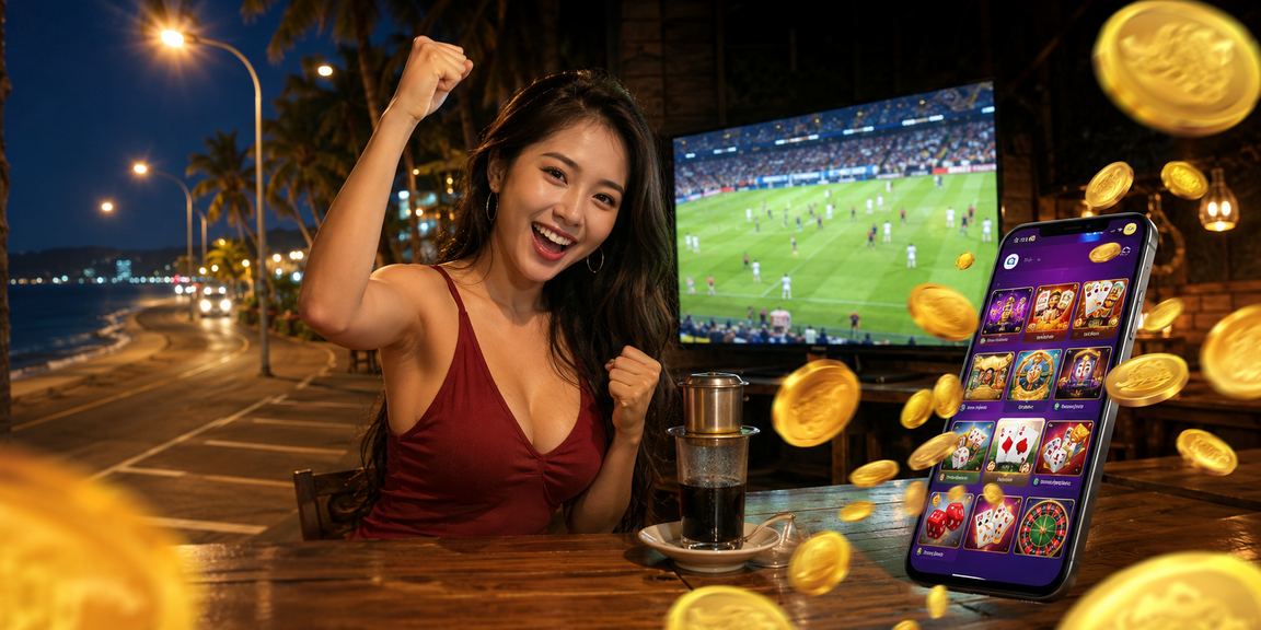 Người dùng tại Mũi Né xem thông tin thưởng trên điện thoại trong quán cà phê